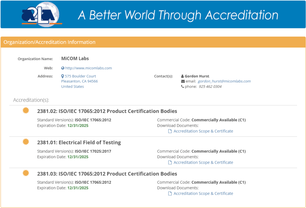 A2LA Accreditation Schedule