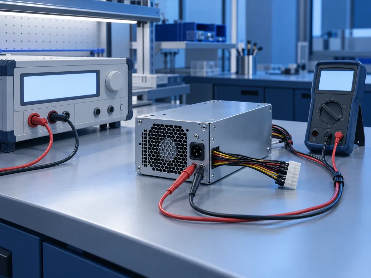 Product safety test bench with a power supply under test, a hipot tester and a multimeter