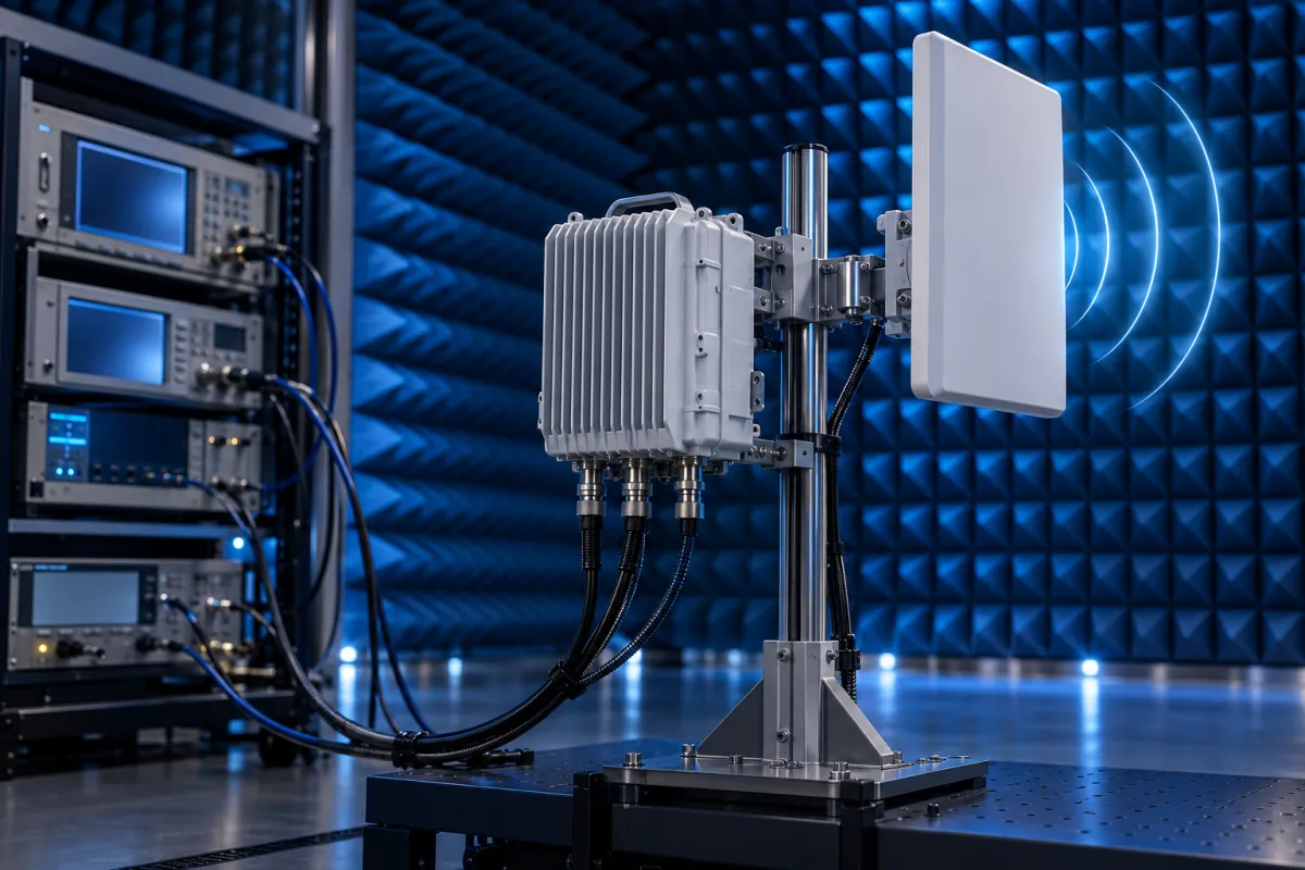 CBRS radio unit with a panel antenna on a test stand in an RF test chamber, connected to a rack of test equipment